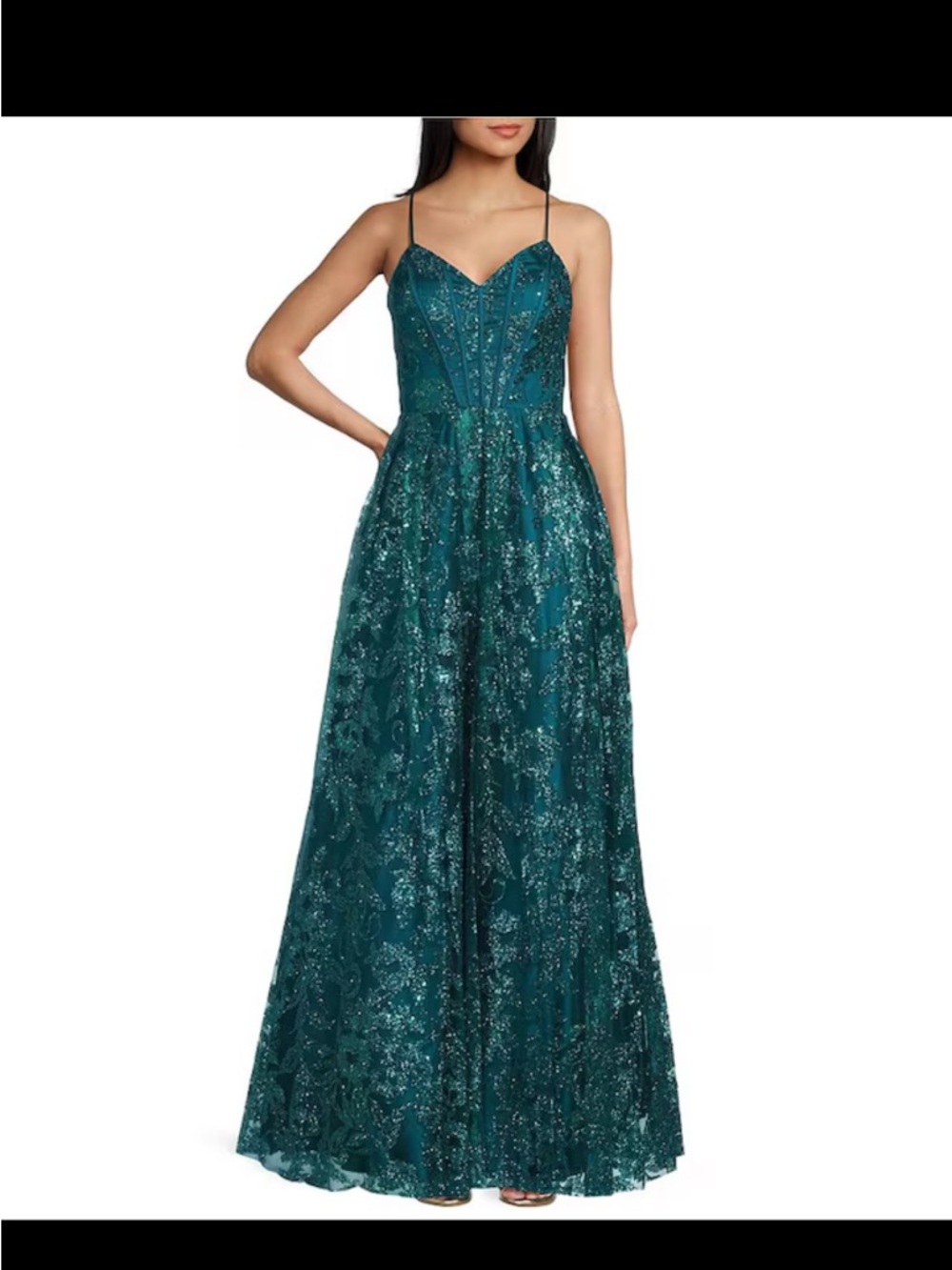 Blondie Nites Teal Sequin A-Line Spaghetti Strap Gown